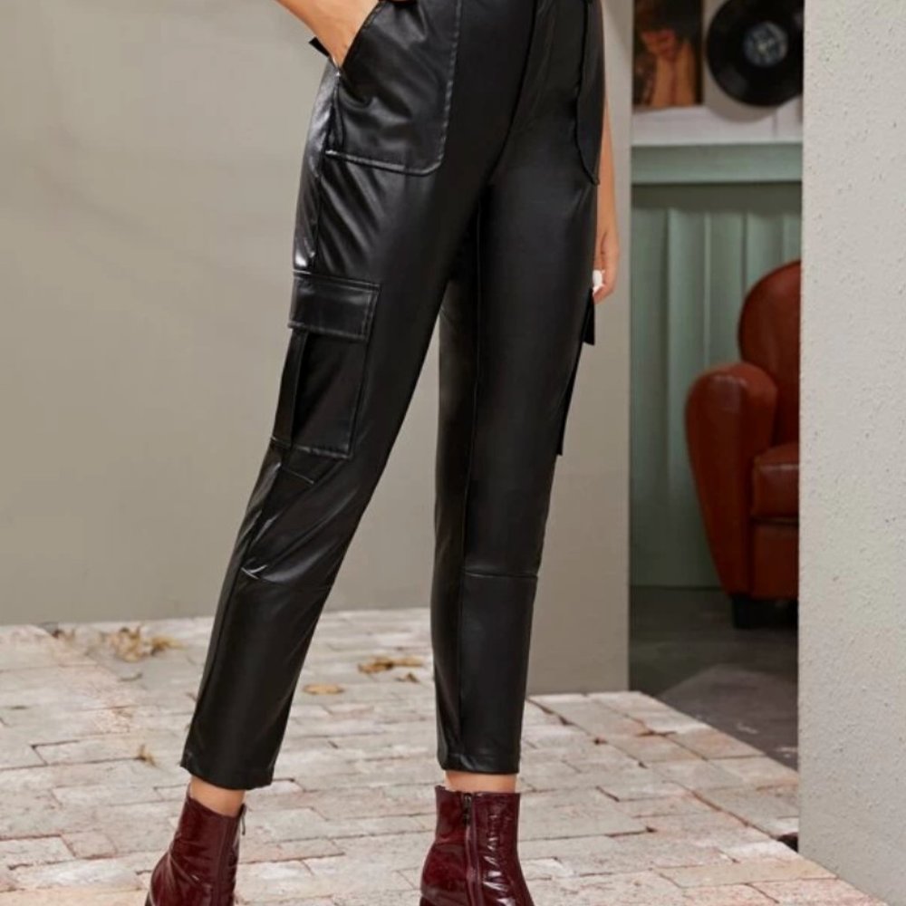 Pocket Side PU Leather Cargo Pants